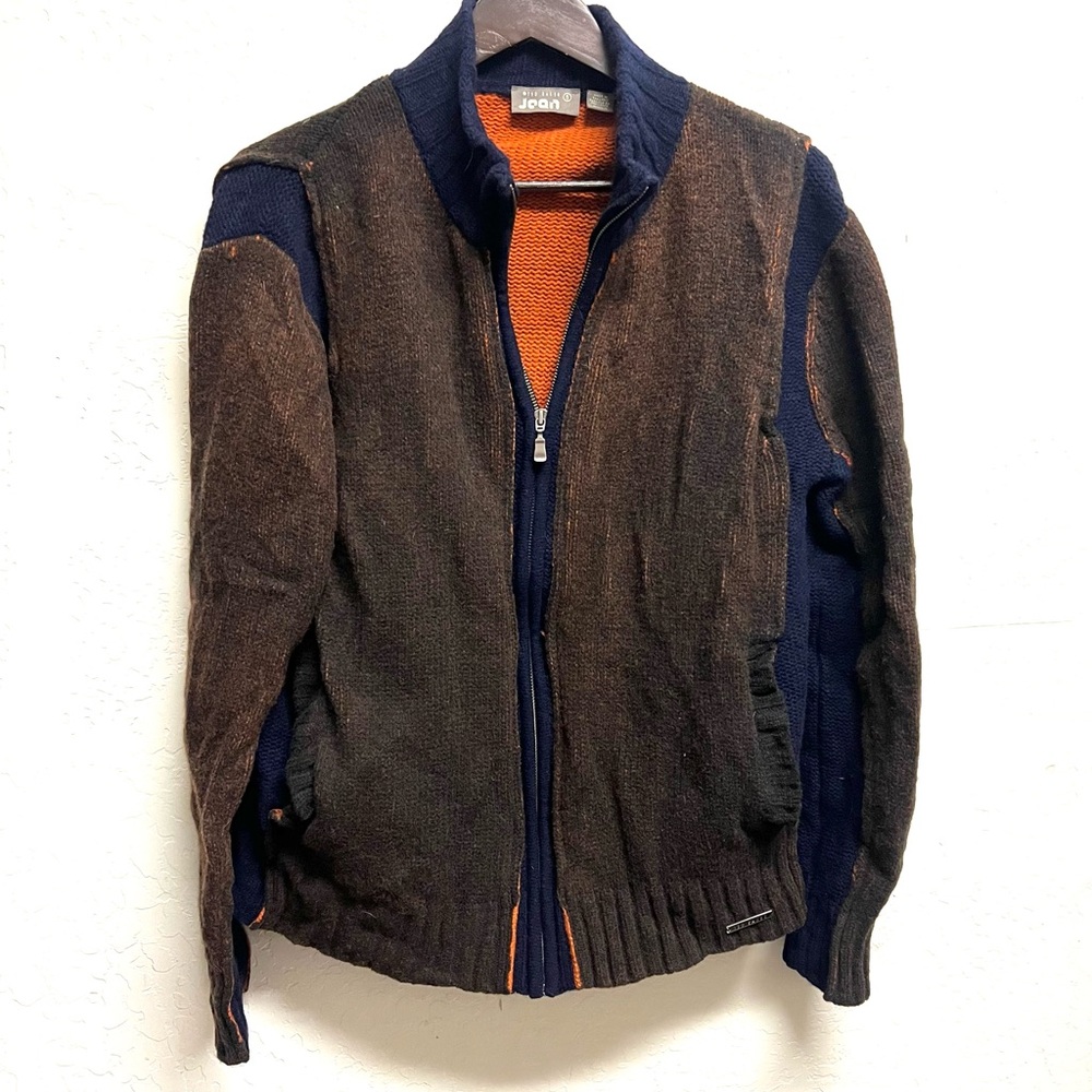 Ted Baker Zip Up Cardigan Sweater Lambswool Brown Navy Blue Orange Size XL Men’s